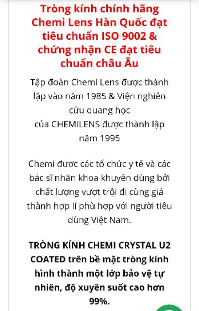 Tròng kính CHEMI Crystal U2 Coated chiết xuất 1.60