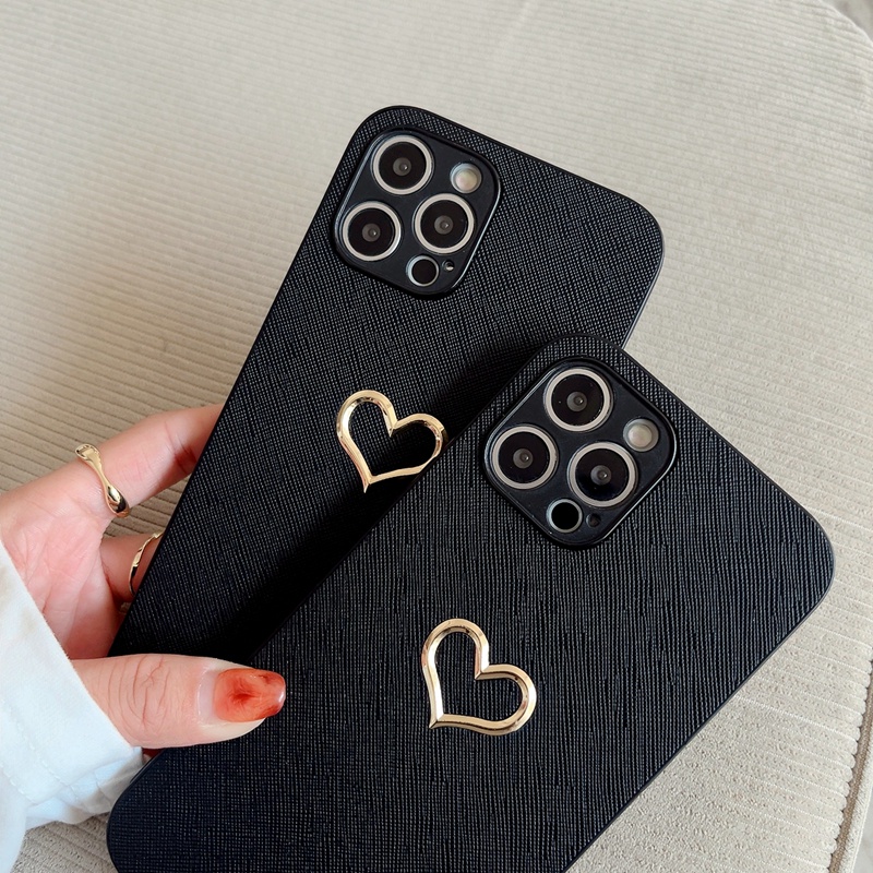 Ốp điện thoại tpu mềm+da trái tim kim loại thích hợp cho iPhone 13 Mini 12 11 Pro Max XS Max XR XS X 7 8 6 6s Plus