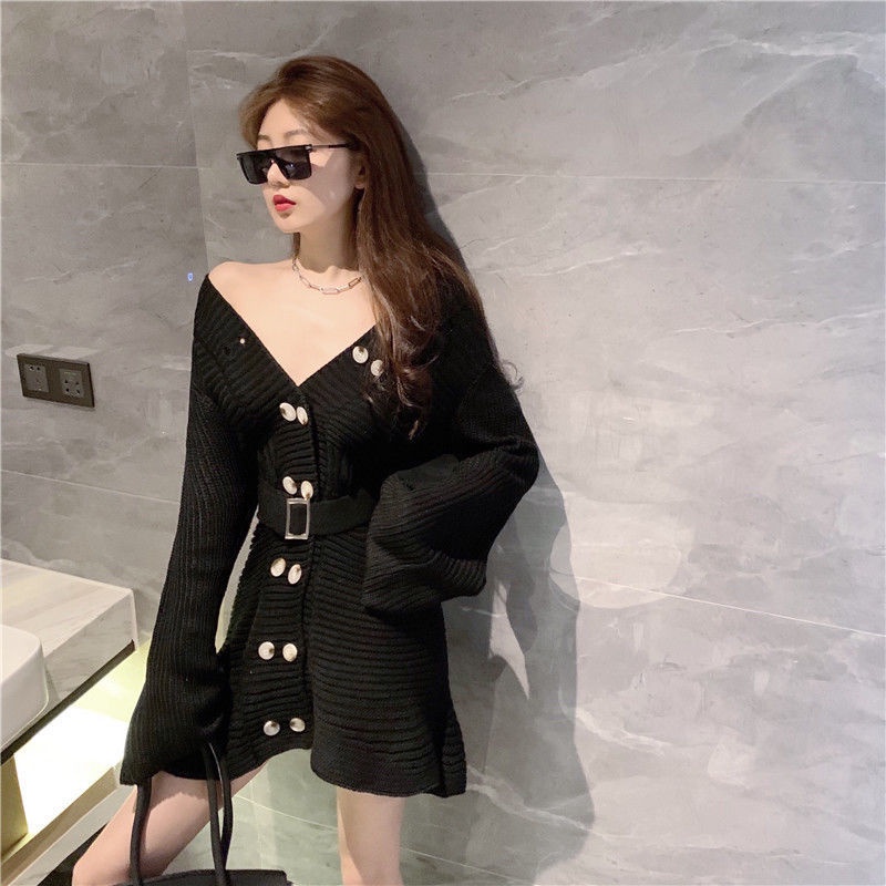 Đầm len tay dài nhấn eo phối nút phong cách Hàn Quốc thời trang mùa thu dành cho nữ