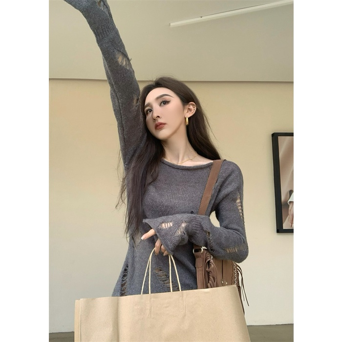 HUANG YOYO Áo Sweater Xám Thiết Kế Rách Phong Cách Hàn Quốc Thời Trang Mùa Thu Mới Cho Nữ