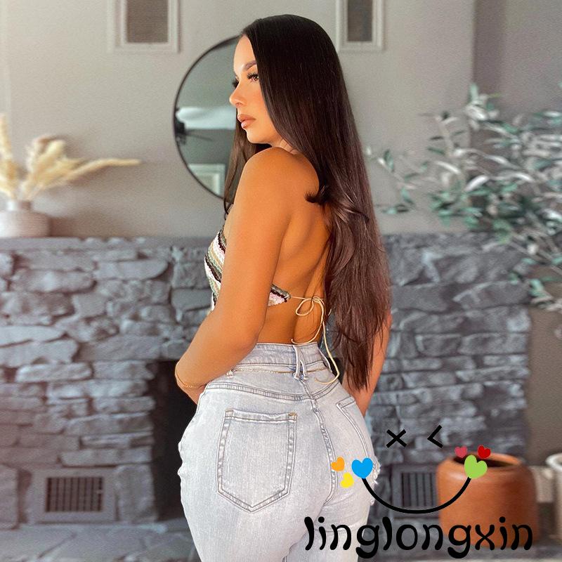Bộ Áo 2 Dây Cột Cổ + Chân Váy Ngắn Màu Sắc Tương Phản Thời Trang Mùa Hè Cho Nữ