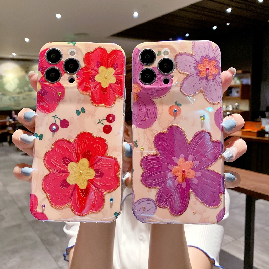 Ốp Điện Thoại Họa Tiết Hoa Tím / Đỏ Thời Trang Chống Sốc Cho iPhone 14 / 13 / 12 / 11 / X / 8P / 7
