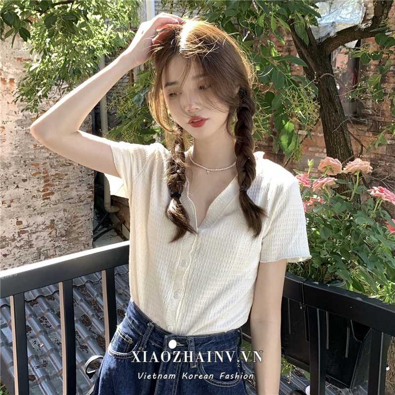 Xiaozhainv Áo Croptop Ngắn Tay Cổ Chữ v 3 Màu Thời Trang Cho Nữ