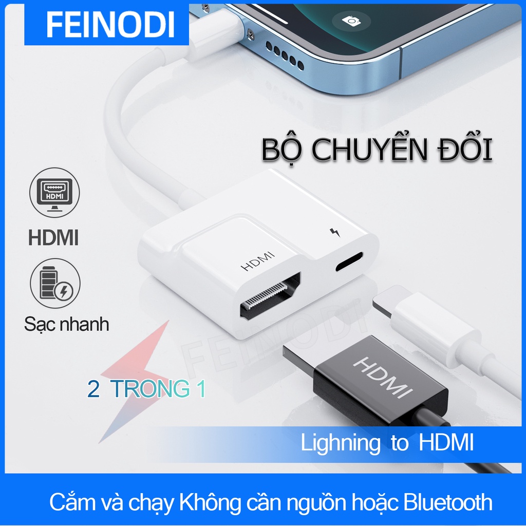 Feinodi Cáp lighning to HDMI và VGA 1080P kết nối tivi với điện thoại Bộ chuyển đổi Lighning 2 trong 1 cũng hỗ trợ sạc
