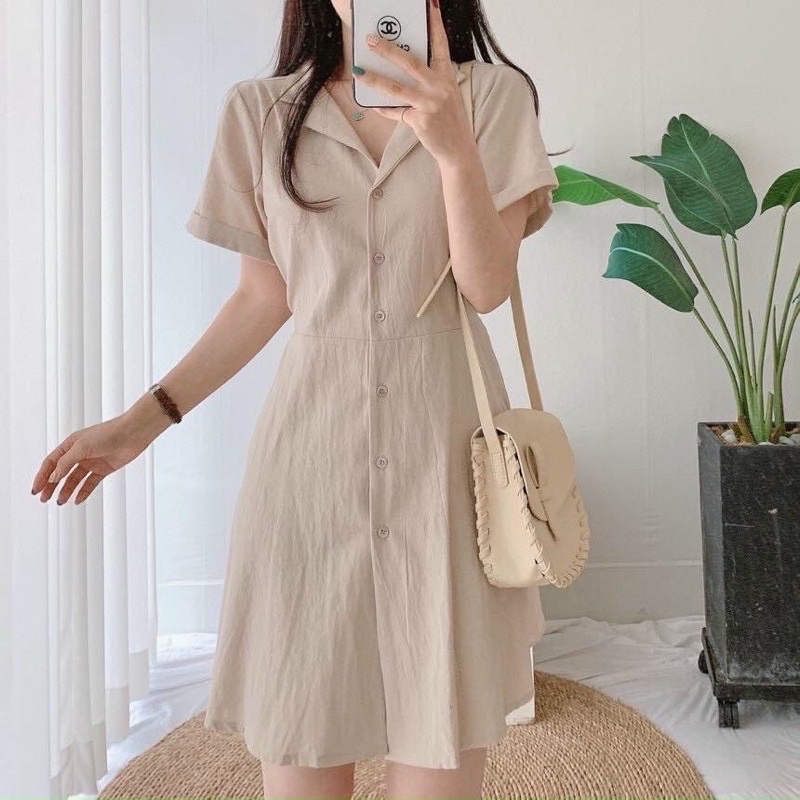 Đầm váy sơ mi kem nhạt thắt eo đi làm đi chơi