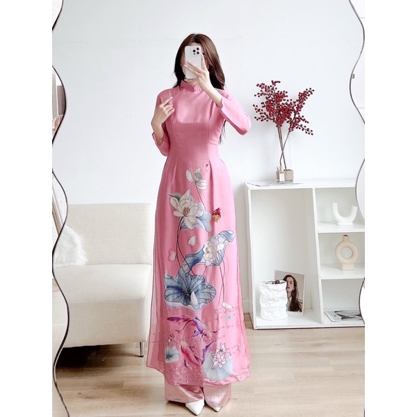 Áo dài 4 tà chất tơ ý mềm cao cấp đính cườm hoạ tiết hồng sen