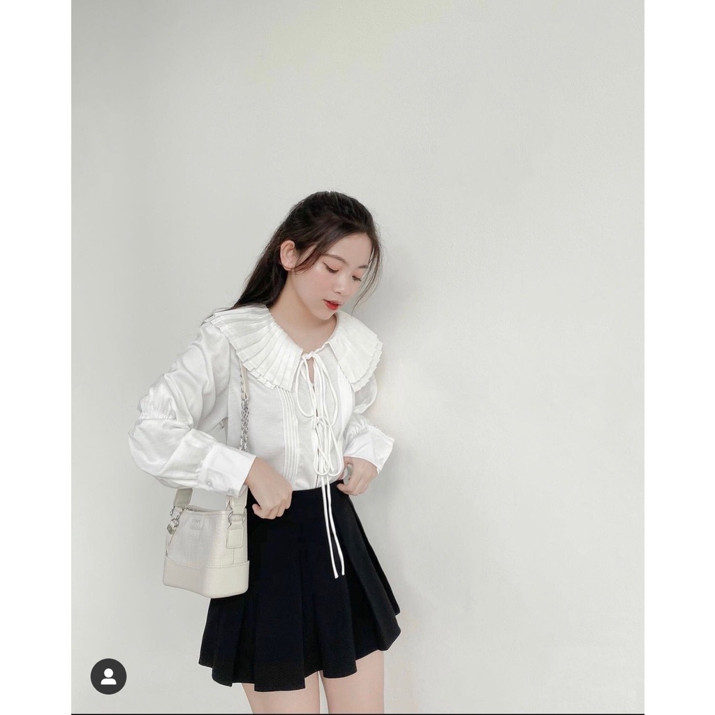 Áo Sơ Mi Nữ Cổ Xếp Ly Dây Buộc Style Cao Cấp, Áo Somi Lụa Trắng Nữ Cổ Bèo Dài Tay