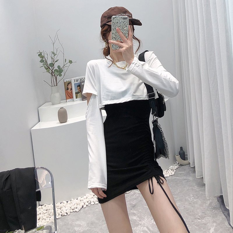 Đầm ngắn hai mảnh phối dây rút gợi cảm thời trang Hàn Quốc mới dành cho bạn nữ