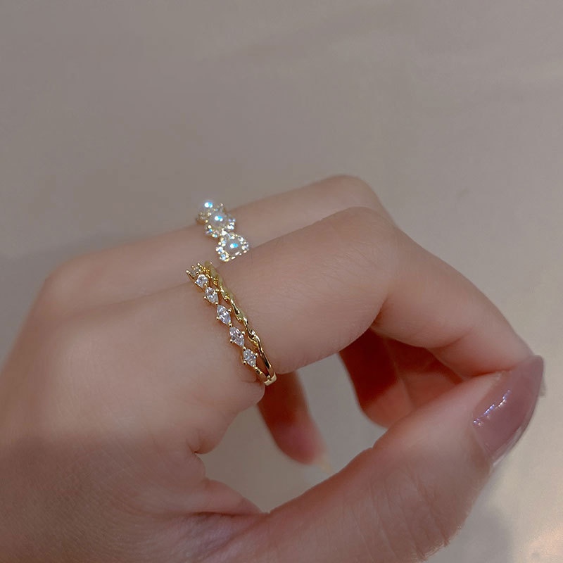 Nhẫn Hai Lớp Đính Ngọc Trai Kim Cương Và Ngọc Trai Đơn Giản Sang Trọng Thời Trang Kiểu Pháp