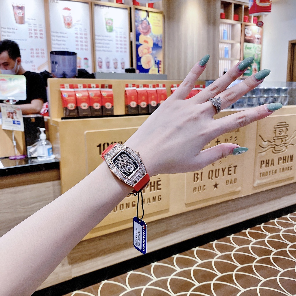 Đồng Hồ Nam Nữ Hanboro Nam Máy Automatic, Nữ Máy Pin , Dây Cao Su Màu Đỏ , Size 36mm/48mm fullbox