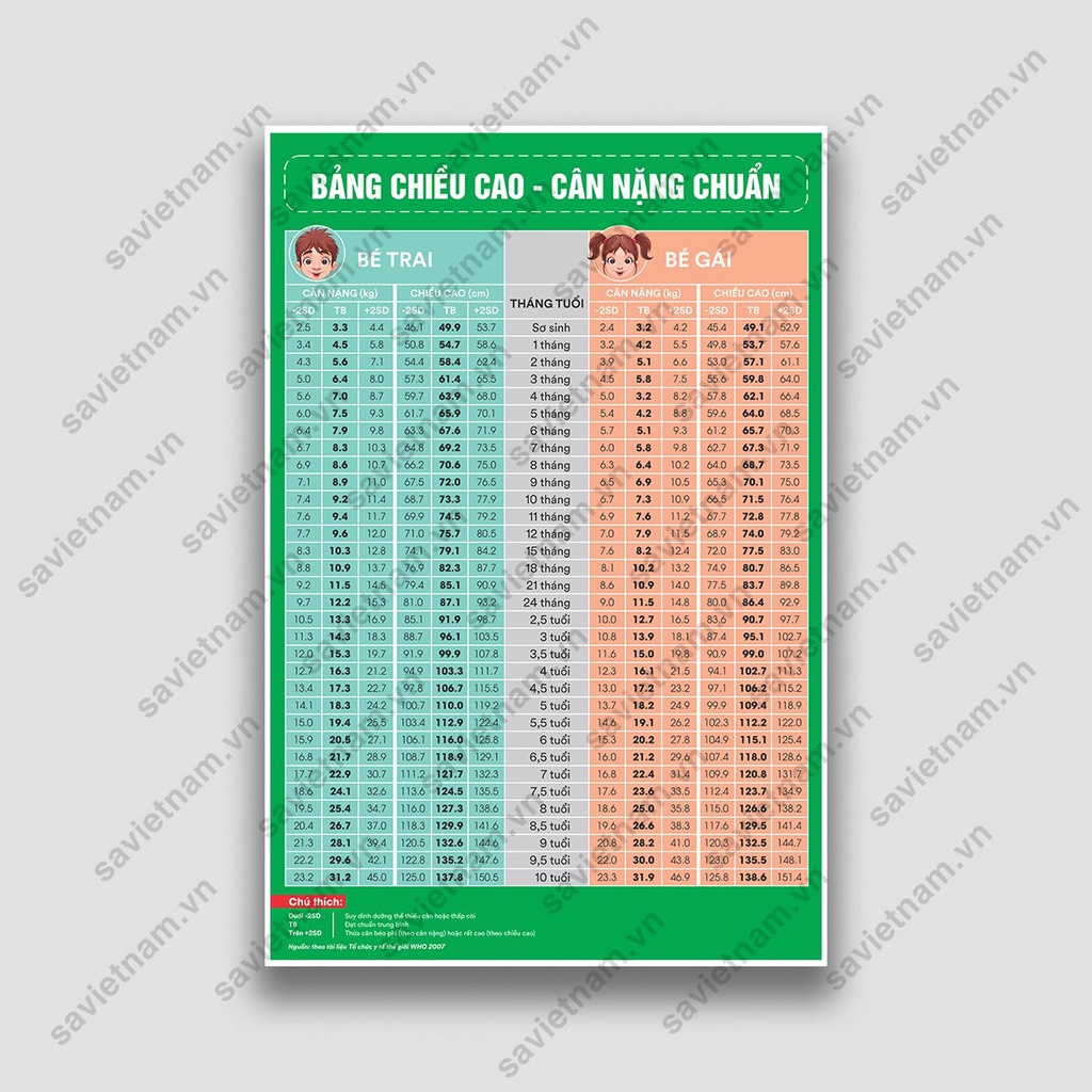 Tranh "BẢNG CHIỀU CAO & CÂN NẶNG TIÊU CHUẨN CHO BÉ TỪ 0 ĐẾN 10 TUỔI"