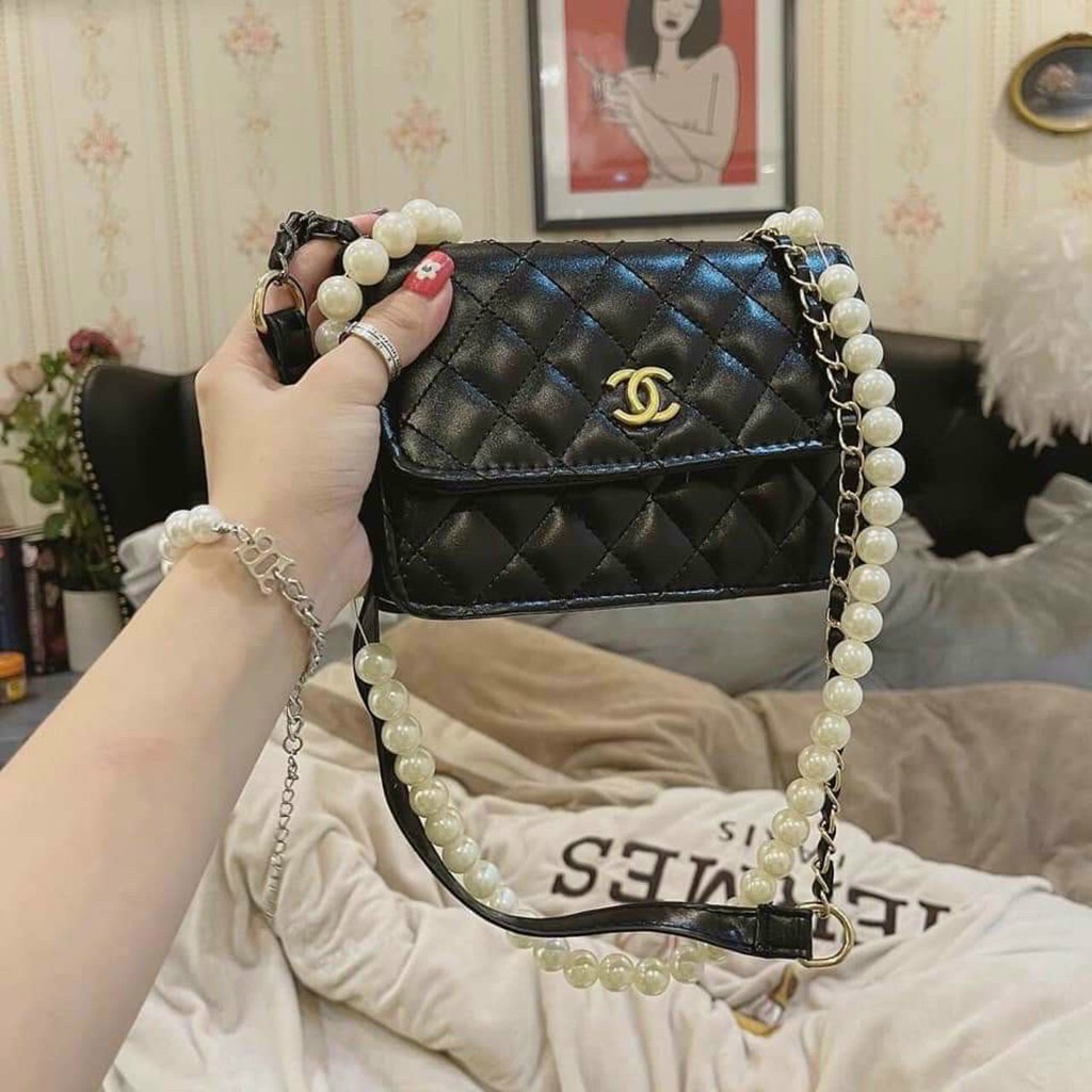 Túi đeo chéo nữ tặng kèm dây ngọc đi chơi đi làm sang chảnh túi ka tun dây ngọc