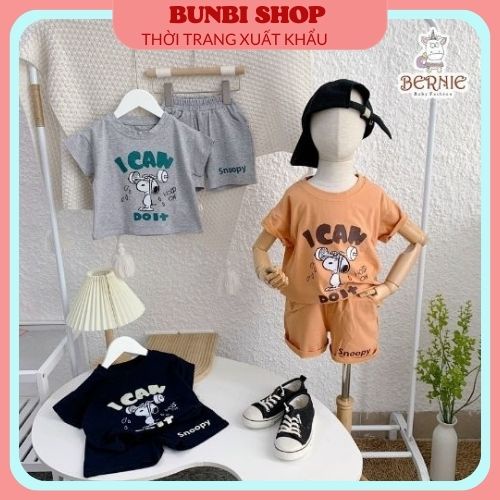 Bộ cotton cộc tay mùa hè cho bé, chất cotton in hình SNOOPY cử tạ siêu đẹp hàng việt nam xuất khẩu chuẩn