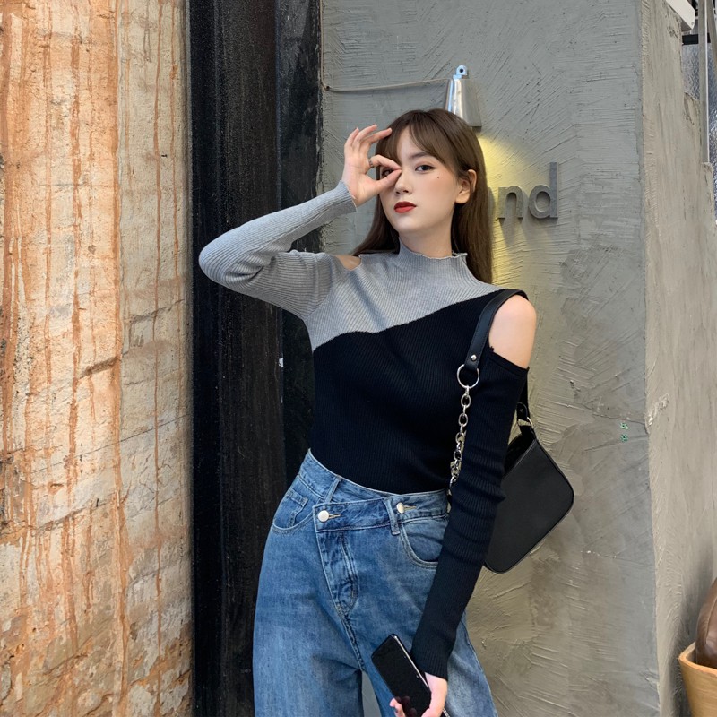 Áo Len Chui Đầu Cổ Lọ Phối Màu Tương Phản Phong Cách Hàn Quốc