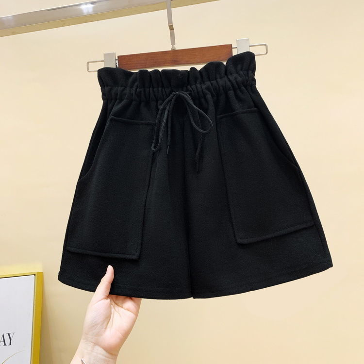 Quần Short Len Màu Đen Ống Rộng Lưng Cao Thời Trang Thu Đông 2021 Cho Nữ