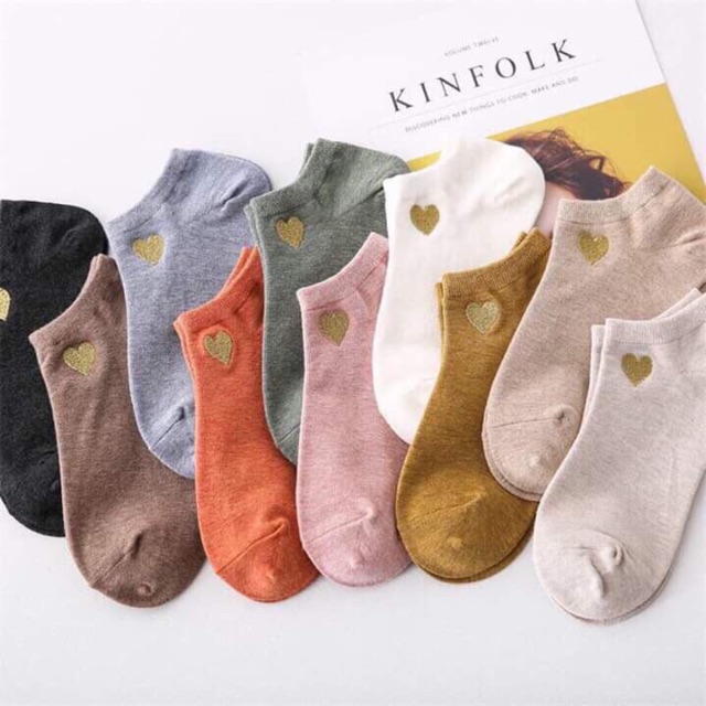 Sét 5 Đôi Tất Trái Tim Cổ Ngắn Vàng Kim ( Kèm Túi Rút)