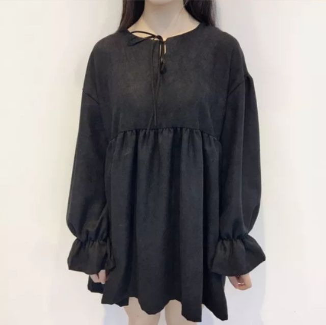 Đầm babydoll tay dài uzzlang phong cách Hàn Quốc