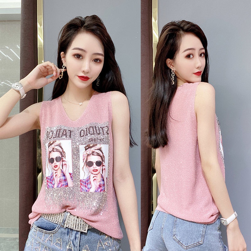 Áo Hai Dây Cổ Chữ V Dáng Rộng Bằng Lụa Sáng Lấp Lánh Đính Đá Thời Trang Mùa Hè Hàng Mới Dễ Phối Đồ Dành Cho Bạn Nữ