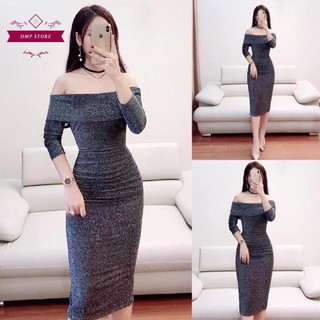 Váy đầm body trễ vai nhũ kim tuyết SKU 0240 cao cấp