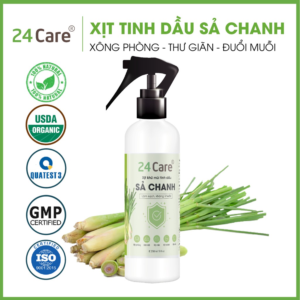 Xịt khử mùi thơm phòng Sả Chanh 24Care 250ml - kháng khuẩn, khử mùi hôi, đuổi muỗi, côn trùng