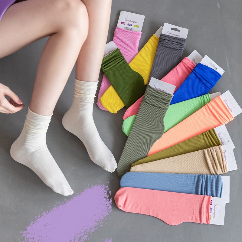 Tất vớ cổ cao nữ nhún siêu mỏng thoáng khí phong cách Vintage Hàn Quốc màu trơn pastel đẹp thời trang mùa hè HANASO T103