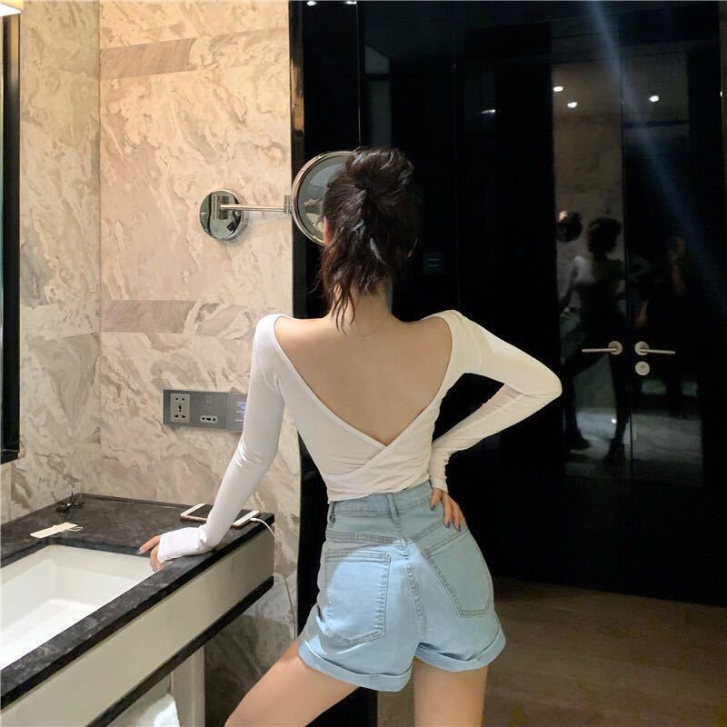 Áo Thun Tay Dài Cổ Thấp Hở Lưng Màu Trơn Thời Trang Cho Nữ | BigBuy360 - bigbuy360.vn