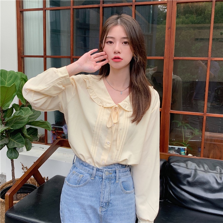 SUXI Áo Sơ Mi Tay Dài Cổ Búp Bê Màu Sắc Trơn Phong Cách Hàn Quốc Cổ Điển Thời Trang Cho Nữ