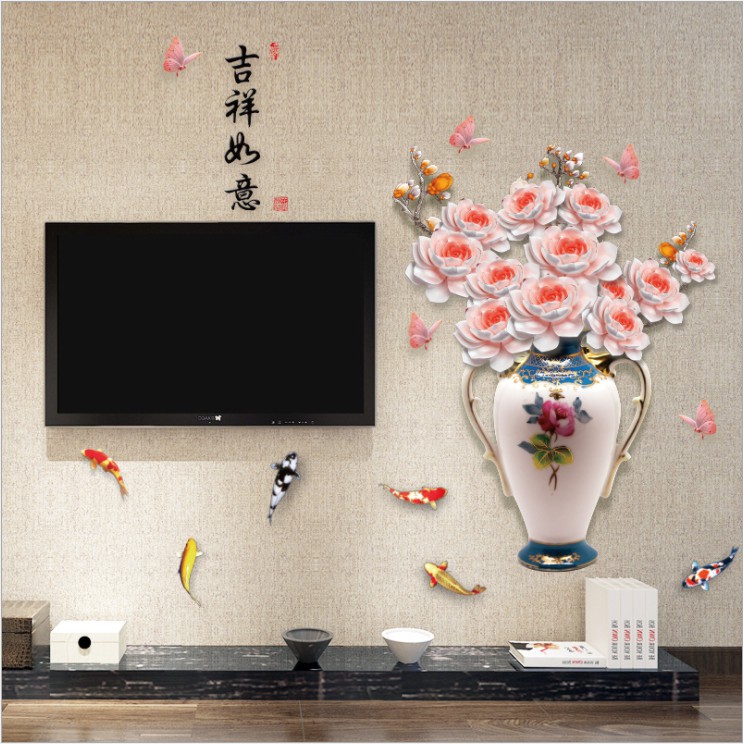 Decal trang trí tường - Chậu Hoa MẪU ĐƠN HỒNG TRẮNG NHẠT 3D quý phái sắc màu