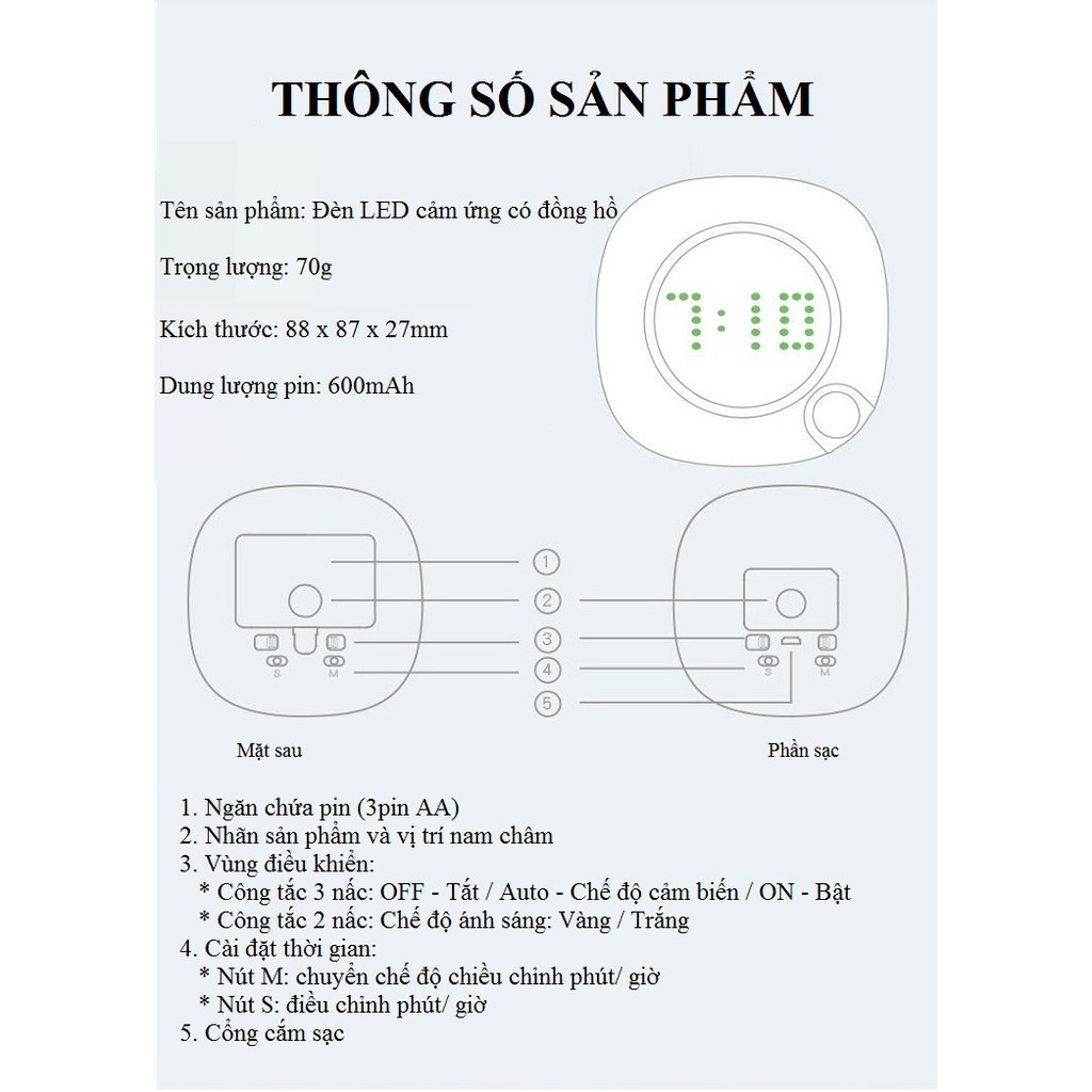 Đèn Led❤️FREESHIP❤️Đèn Led Cảm Biến Thông Minh Điều Chỉnh Độ Sáng Có Đồng Hồ