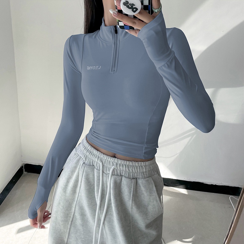 Áo thun thể thao ANRAN tay dài có khóa kéo một nửa và miếng đệm ngực tập yoga chạy bộ dành cho nữ