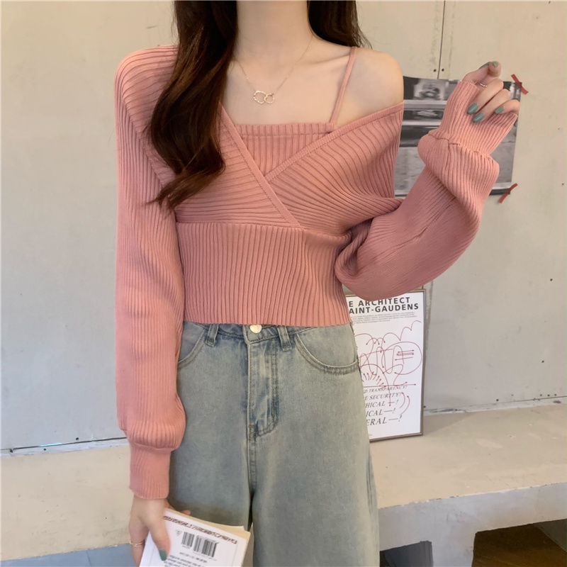 Áo Thun Tay Dài Giả Hai Mảnh Dáng Ngắn Lưng Cao Màu Đen Thời Trang Mùa Thu Hàng Mới 2021 Dành Cho Bạn Nữ