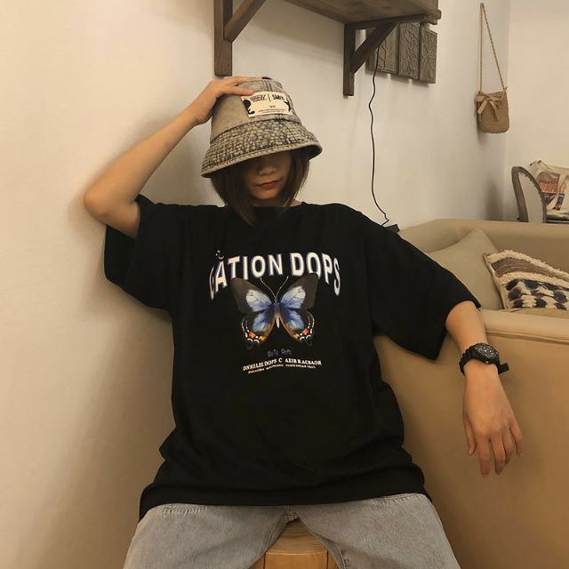 Áo thun tay lỡ % Hình thật phía sau Unisex bướm GATION DOPS