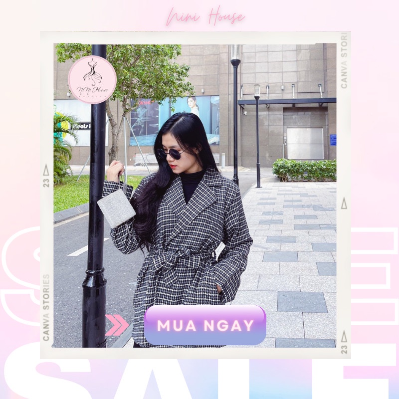 Áo Blazer nữ 2 lớp tay dài Hàn Quốc khoác ngoài đẹp, Áo vest nữ dạ kẻ caro kèm đai cực xinh