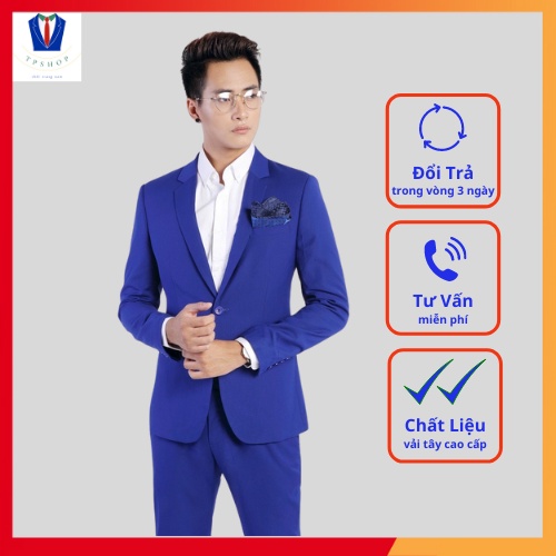 Bộ vest nam đẹp màu xanh dương 1 khuy full size [Áo vest + Quần]