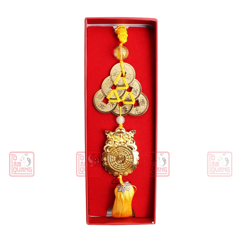 Dây đồng tiền xu cổ trang trí treo xe ô tô, cửa hàng, dịp tết kèm bác quái thái cực may mắn chiêu tài lộc bình an