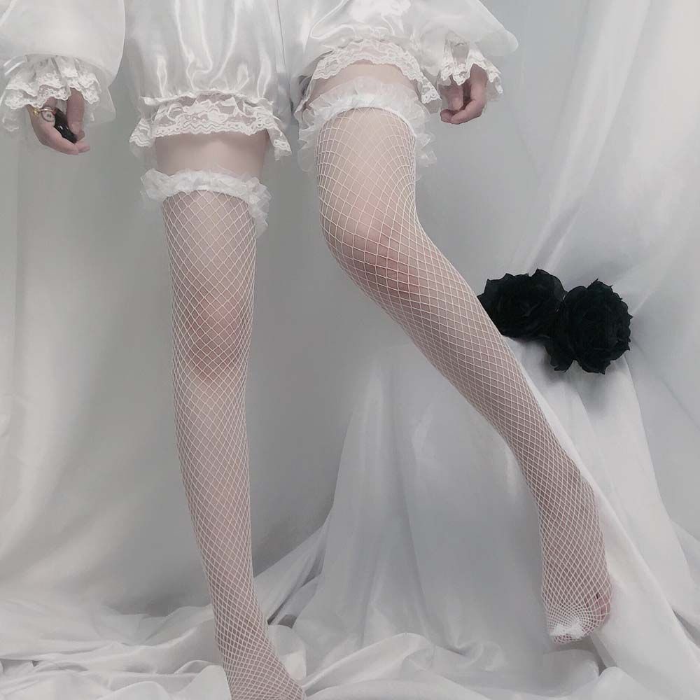 BARRY Tất lưới dài qua gối phối ren rỗng phong cách Lolita Hàn Quốc dễ thương ngọt ngào nhiều màu sắc cho nữ