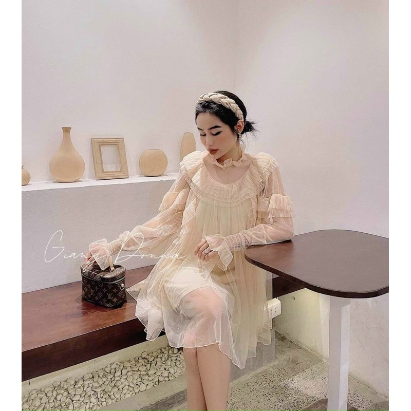 Đầm nude form babydoll suông phối tay dài lưới ren 2 lớp có lót trong dày dặn
