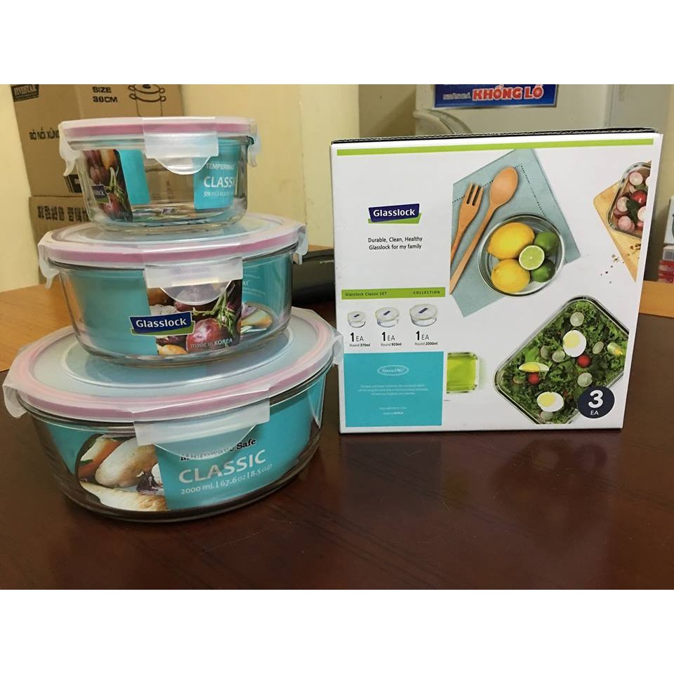 Bộ hộp thủy tinh tròn GLASSLOCK 3 món 405 + 950 + 2090ml GL156