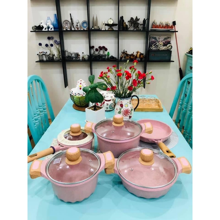 Bộ nồi chảo đá maifan MGC màu hồng