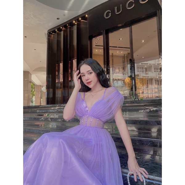 Đầm maxi sát nách lưới phồng dự tiệc / Tím
