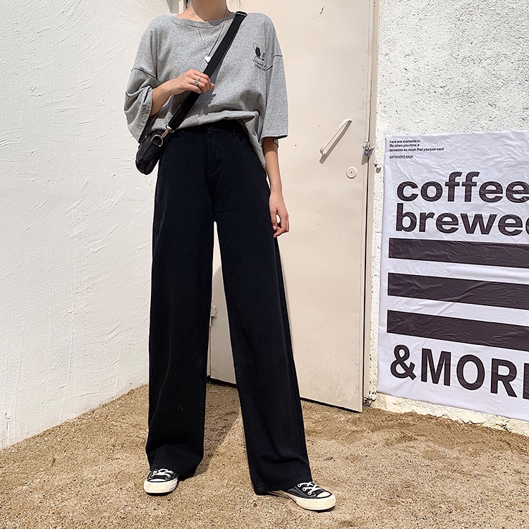 Quần denim SUXI dài ống rộng màu trơn phong cách Hàn Quốc thời trang dành cho nữ