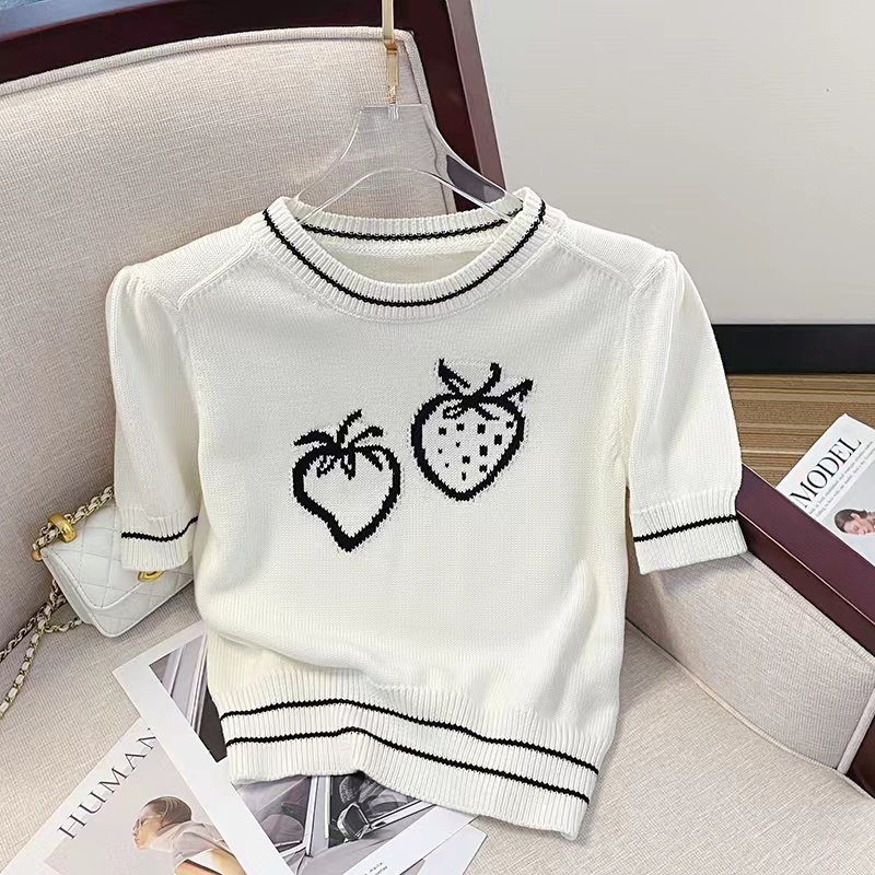 Áo Thun Dệt Kim Tay Ngắn In Hình Dâu Tây Thời Trang Mùa Hè Hàng Mới Dành Cho Bạn Nữ