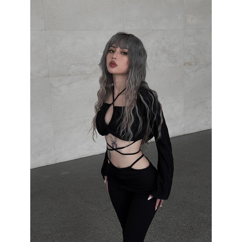 SÉT ÁO ĐAN DÂY CỔ YẾM + QUẦN ỐNG LOE MÀU ĐEN SIÊU SANG CHẢNH SEXY M020