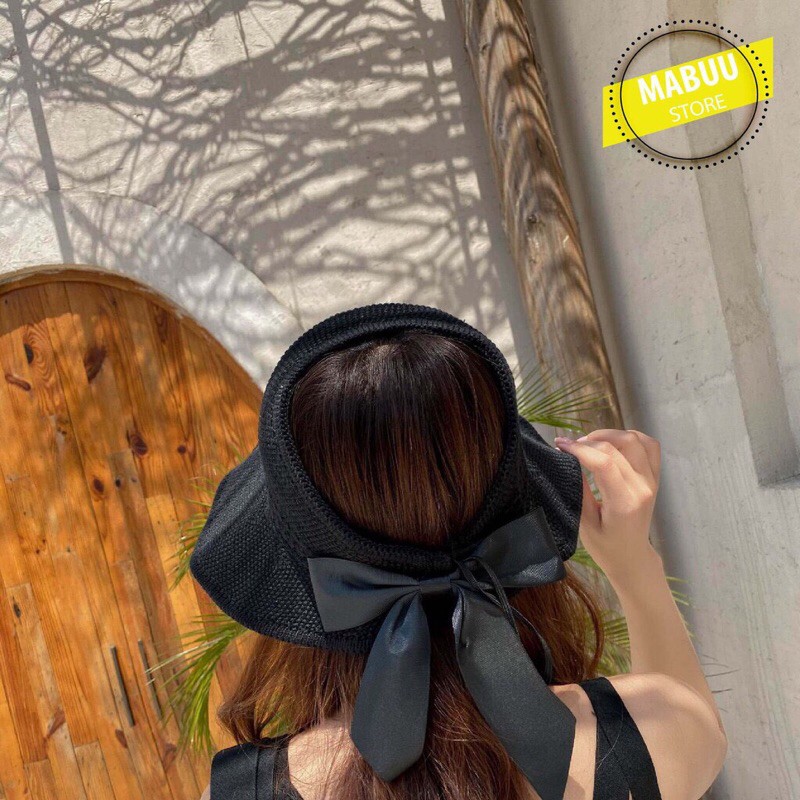 Nón cối rộng vành đính nơ đi biển , dạo phố, nón gấp gọn tiện dụng mang theo.