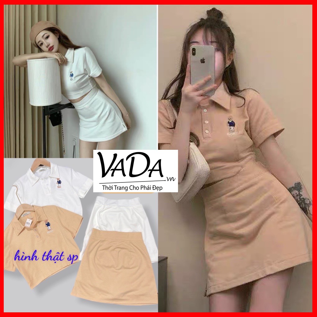 Set trang phục Áo thun tay ngắn croptop thêu Gấu  + Chân váy lót quần siêu xinh dễ thương 2021 - Thời trang VADA - SB6