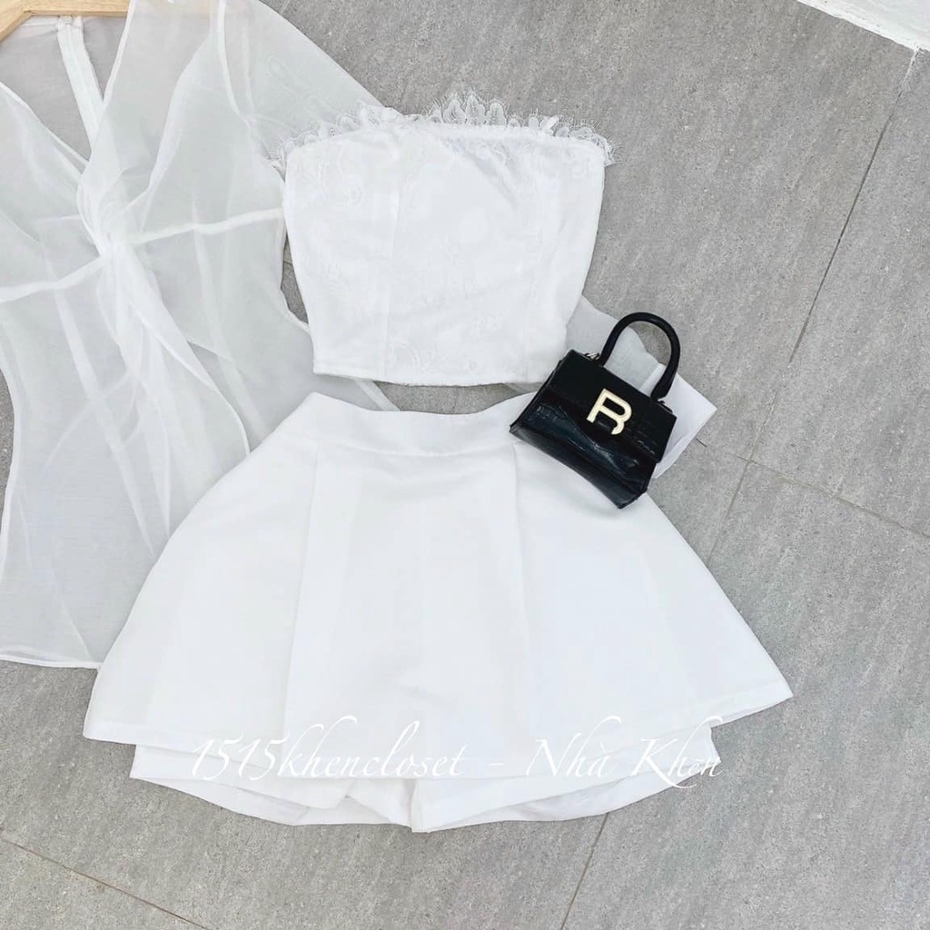 Set áo xoắn eo tay dài + crop trắng + quần short váy