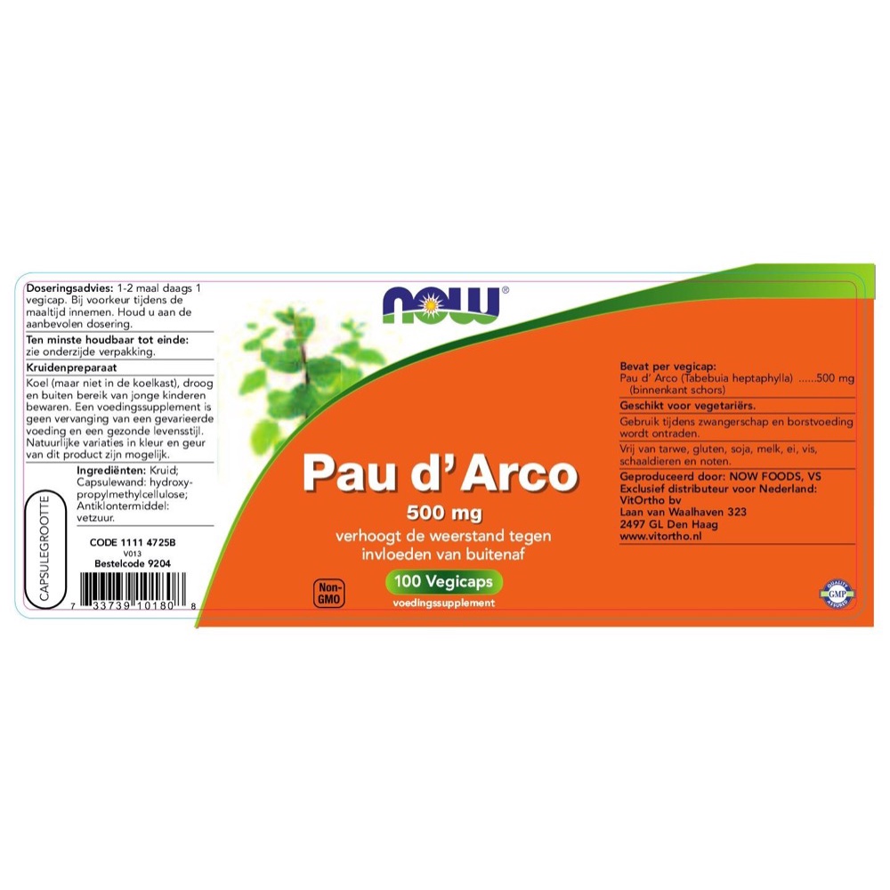 Viên hỗ trợ sức khỏe đường ruột &amp; chống oxi hóa Now Foods Pau D' Arco 500 mg 250 viên