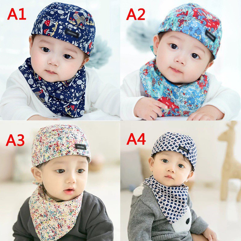 Set nón trùm đầu và khăn yếm in họa tiết xinh xắn dành cho các bé
