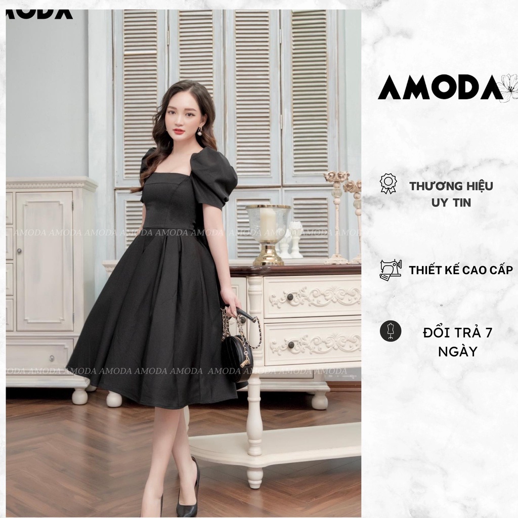 Váy ngắn tau   đầm dáng công chúa cổ ngang bánh bèo thiết kế cao cấp dáng xòe màu đen AMODA VN001