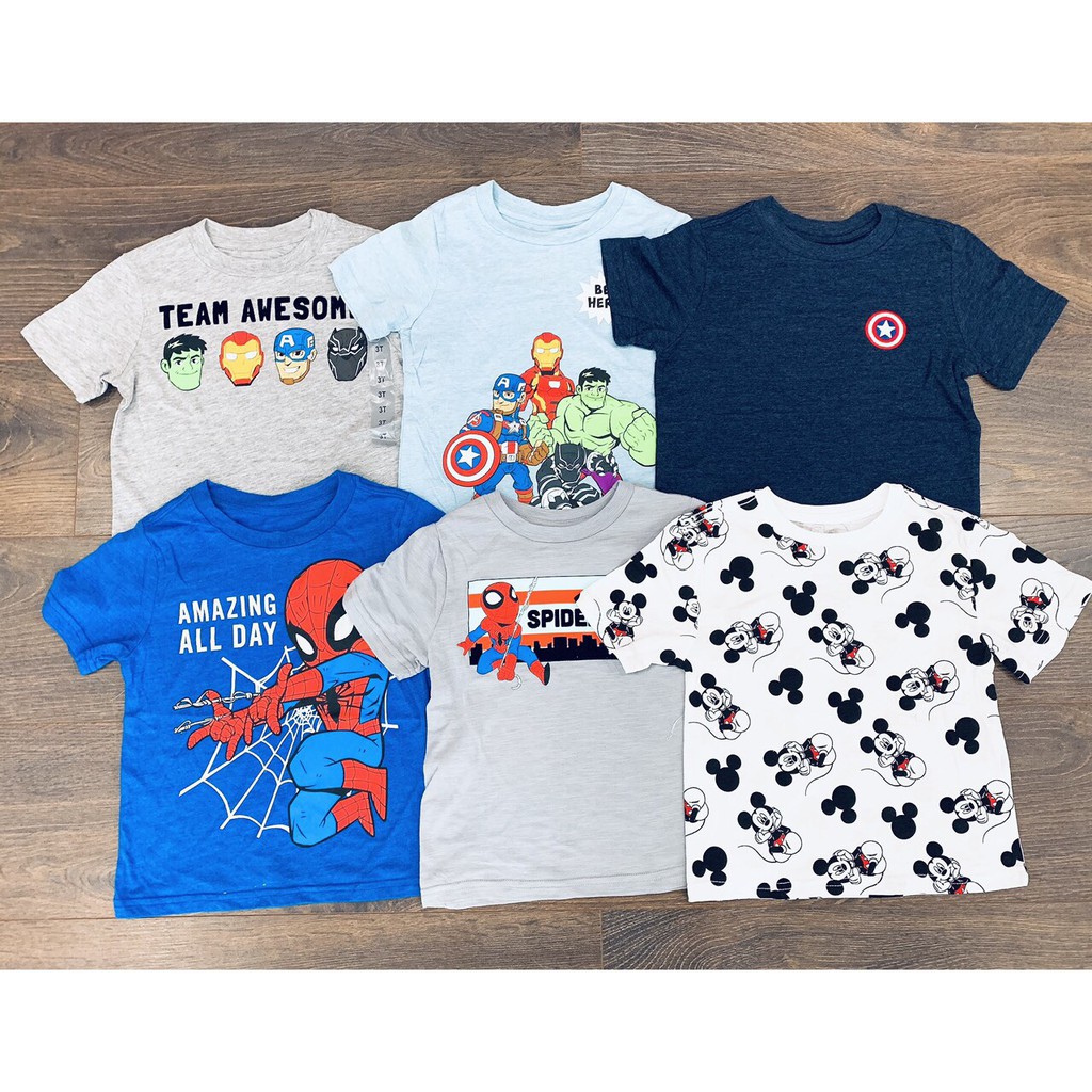 Áo phông cộc tay bé trai xuất dư, hoạt hình Disney, Cả vũ trụ Marvel và Nhện. Chất cotton cực mát. Áo cho bé từ 3-7 tuổi